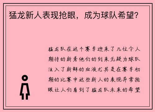 猛龙新人表现抢眼，成为球队希望？