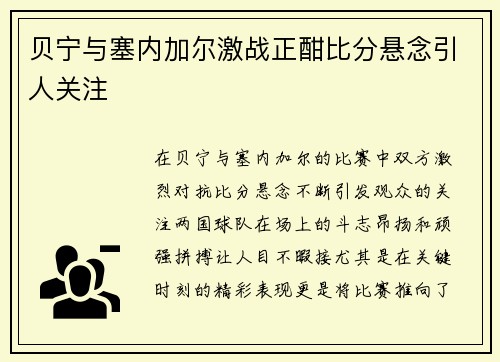 贝宁与塞内加尔激战正酣比分悬念引人关注